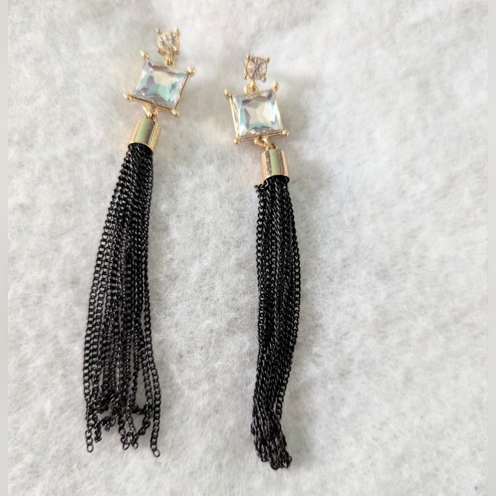 Elegant Black Tassel Earrings with Crystal Accents